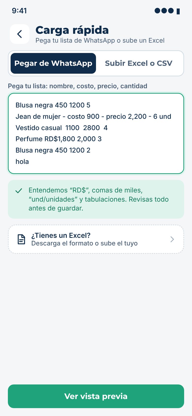 Carga rápida de productos